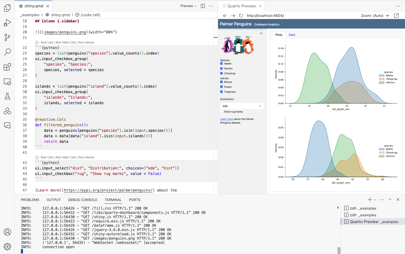 Screenshot of VS Code with the file shiny.qmd open in the left pane. On the right is a pane labelled Quarto Preview showing the live dashboard.
